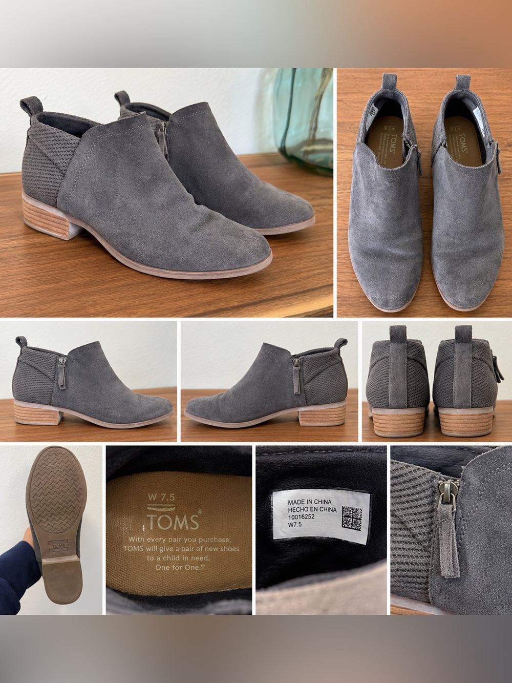 Toms Gray Suede Ankle Booties with Low Stacked Heel